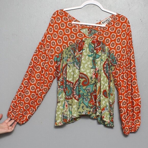 Bucket list boho balloon sleeve long sleeve mixed pattern blouse - Picture 1 of 7